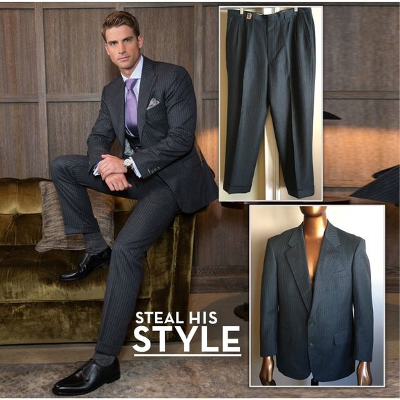 BANCROFT NEW YORK Charcoal Grey Wool Pinstripe Suit  40S - Picture 1 of 15